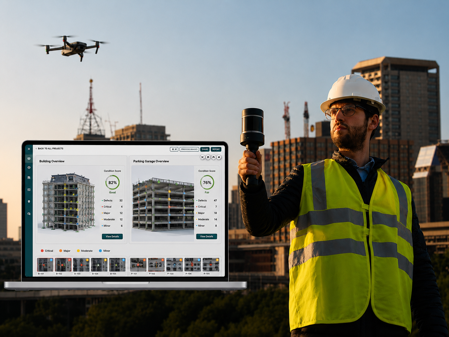Inspection engineer capturing spatial data with a handheld LiDAR scanner beside a laptop showing an AI inspection dashboard