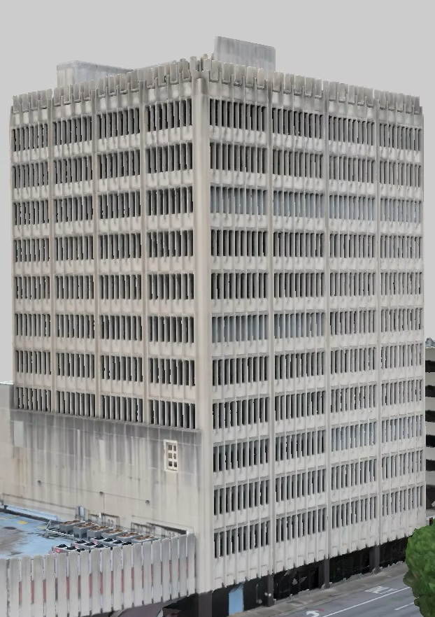 Photorealistic 3D model of a high-rise building facade