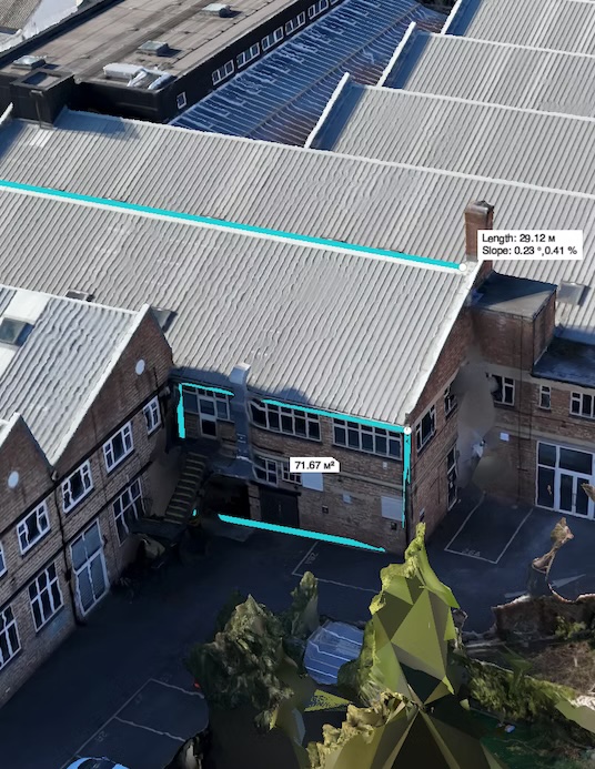 Engineering-grade roof measurements with length, slope, and area annotations