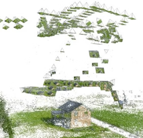 Photogrammetry reconstruction showing camera positions and point cloud data