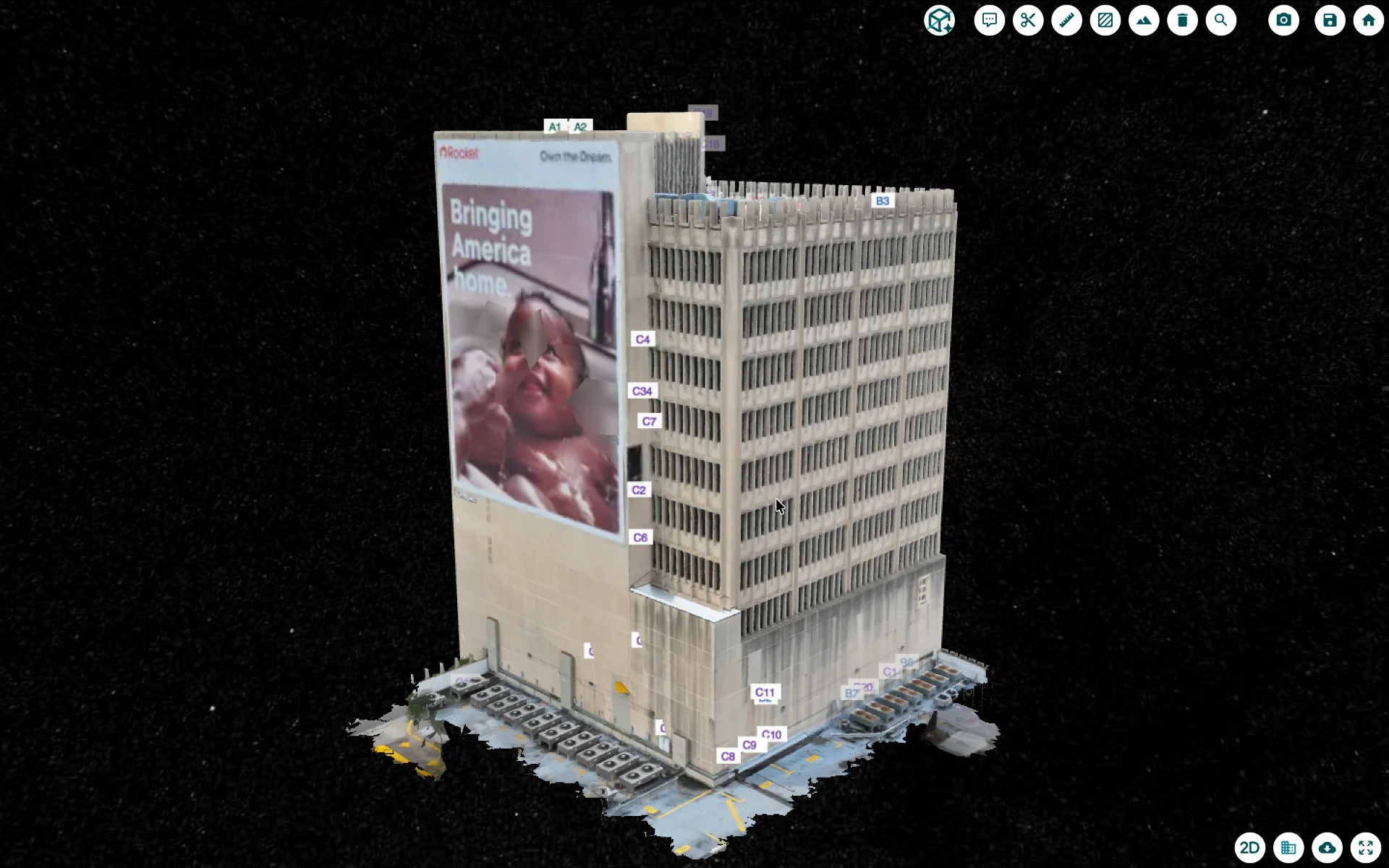Annotated 3D building model showing AI-detected defects with measurements