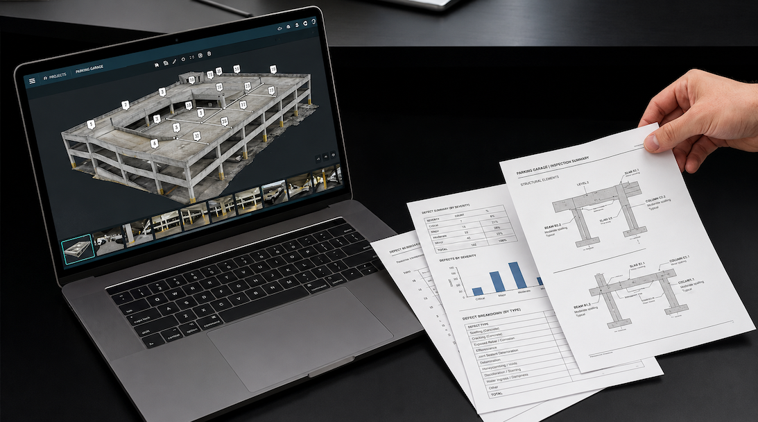 Laptop displaying a parking garage inspection model alongside printed structural inspection reports