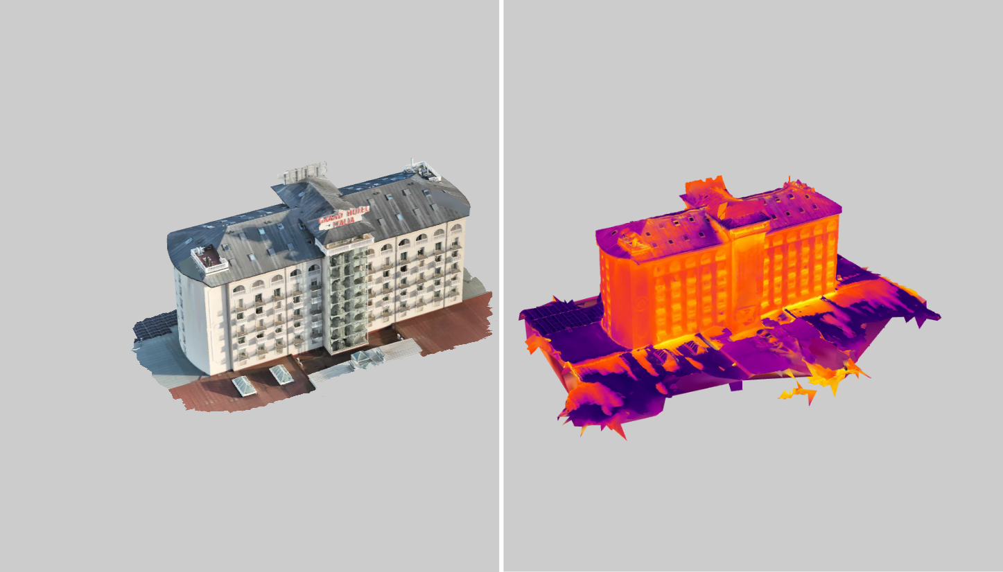 Side-by-side comparison of visual and thermal building imagery