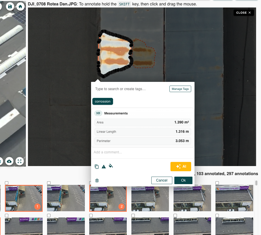 Facade corrosion annotation showing area and linear measurements