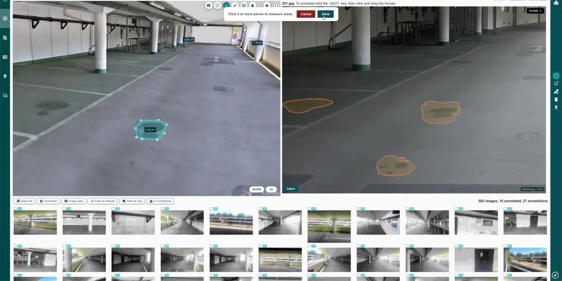 Hammer Hub annotation view of a parking garage with area measurements and AI-flagged defects on 360-degree imagery