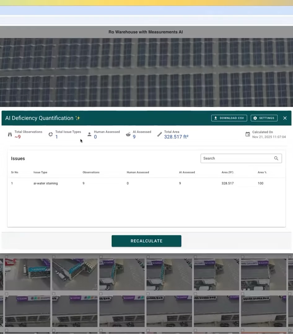 AI deficiency quantification dashboard showing warehouse roof measurements