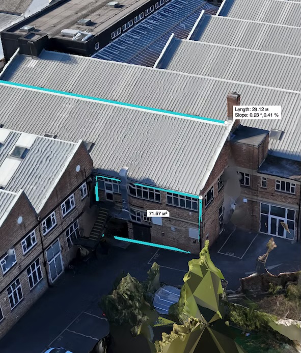 Aerial roof measurements with length, slope, and area annotations