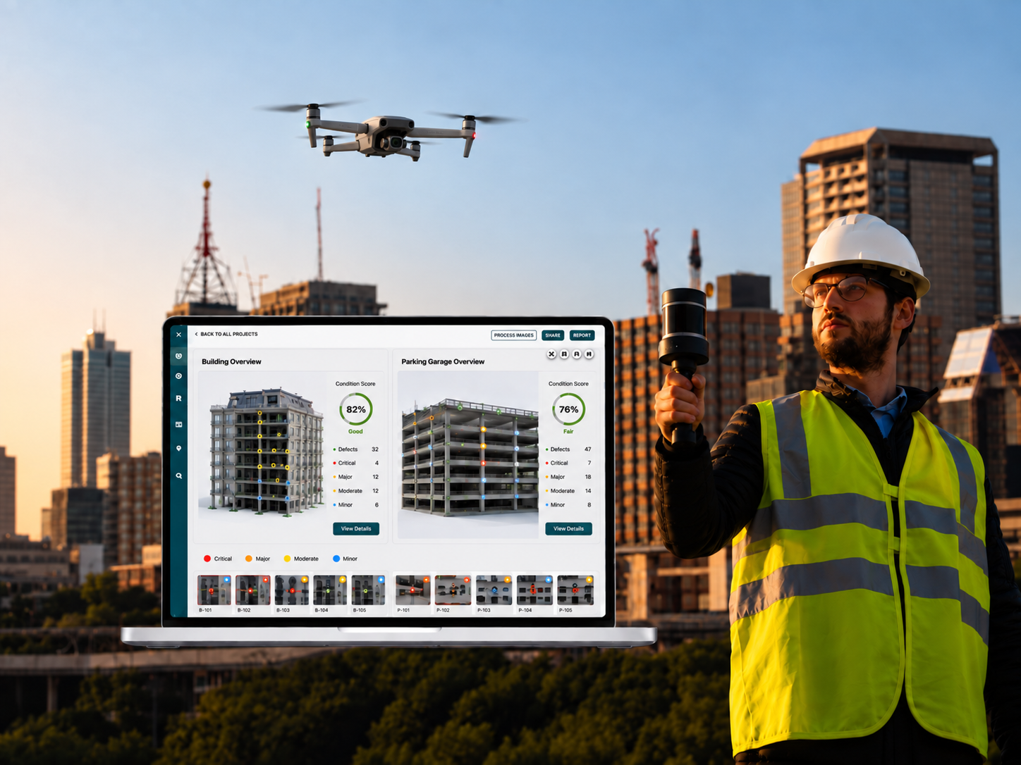 Engineer with a drone and a handheld scanner beside a laptop showing the Hammer Hub AI inspection dashboard, under the heading AI for Building Envelope and Parking Garage Assessments and Inspections